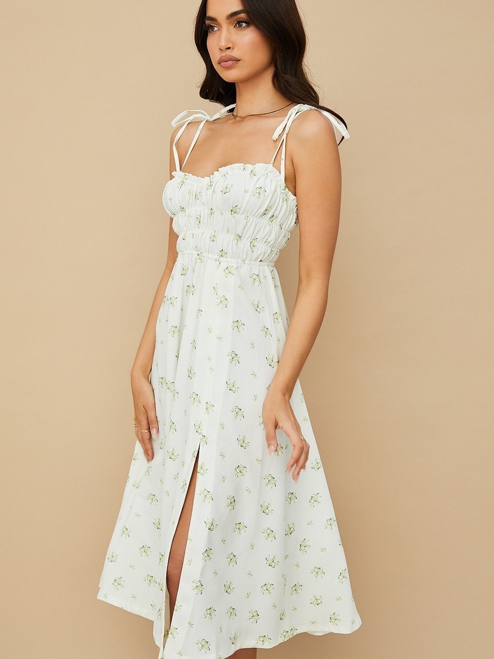 House of CB White Floral Smocked Midi Dress with Green Print